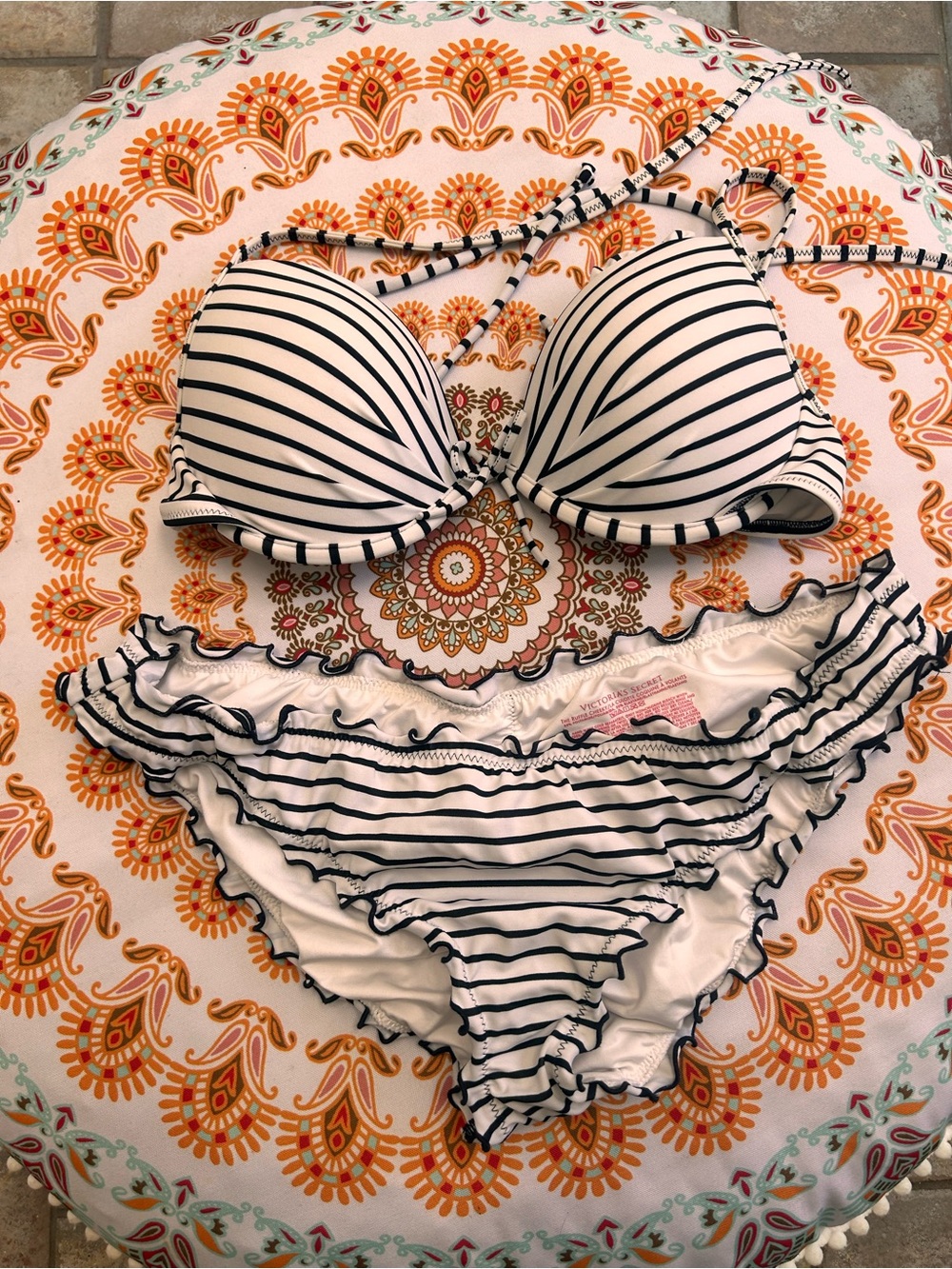 Victoria's Secret White and Black Striped Ruffle Bikini
